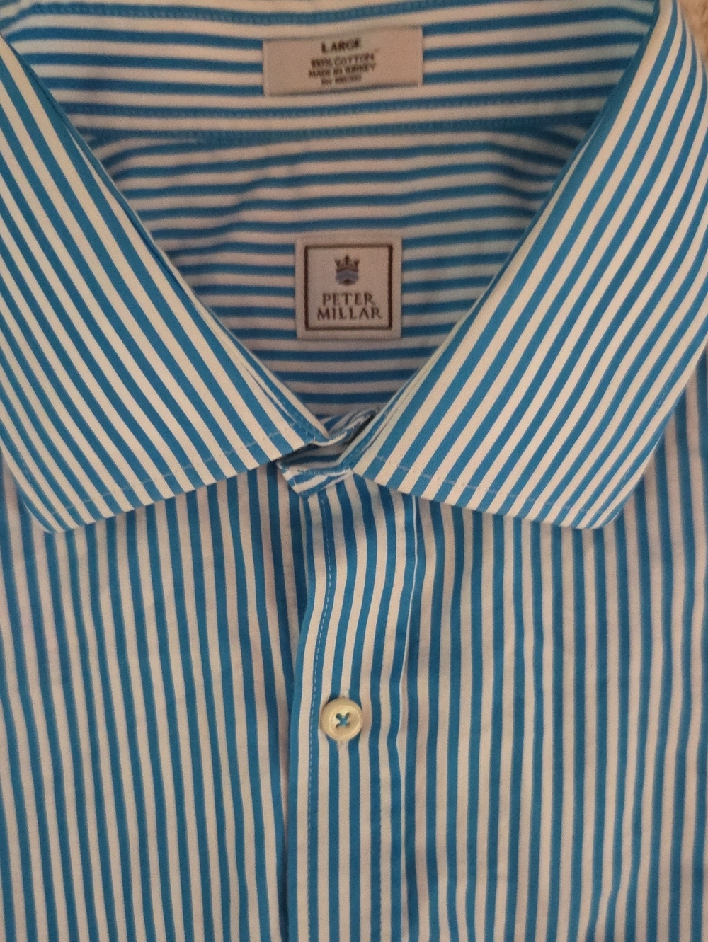 Peter Millar Men's 100% Cotton Striped Dress Shirt L Turquoise Blue/White